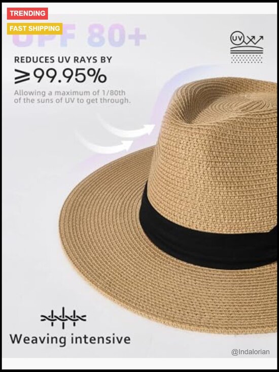 Wide Brim Straw Panama Fedora Hat UPF 80+ Summer Beach Sun Hat main image 6